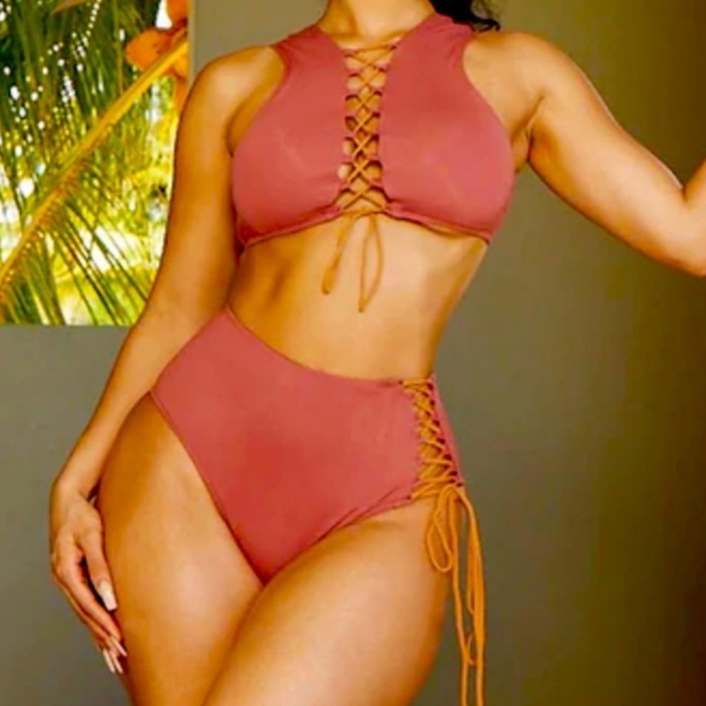 High-Waist Lace-Up Swim Set - Rose